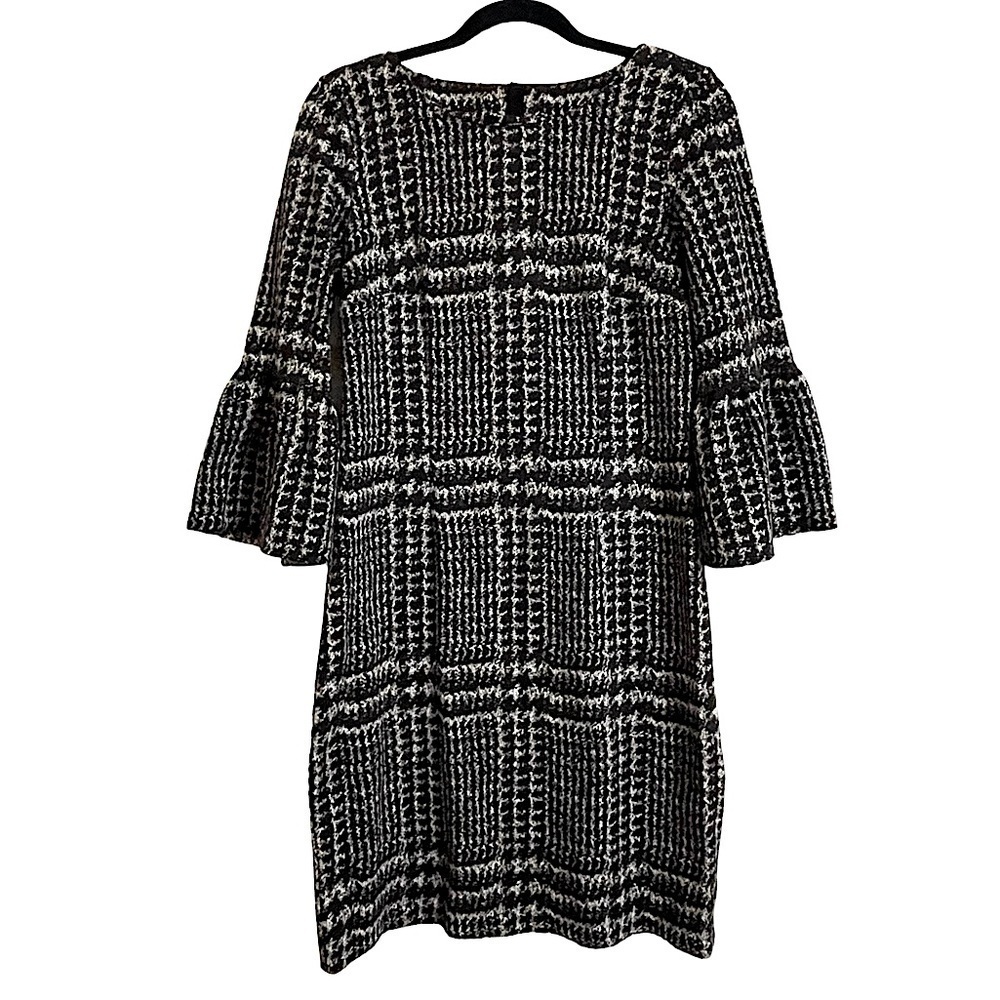 Talbots Bell Sleeve Gala Glen Plaid Sheath Dress Black & White Size 4